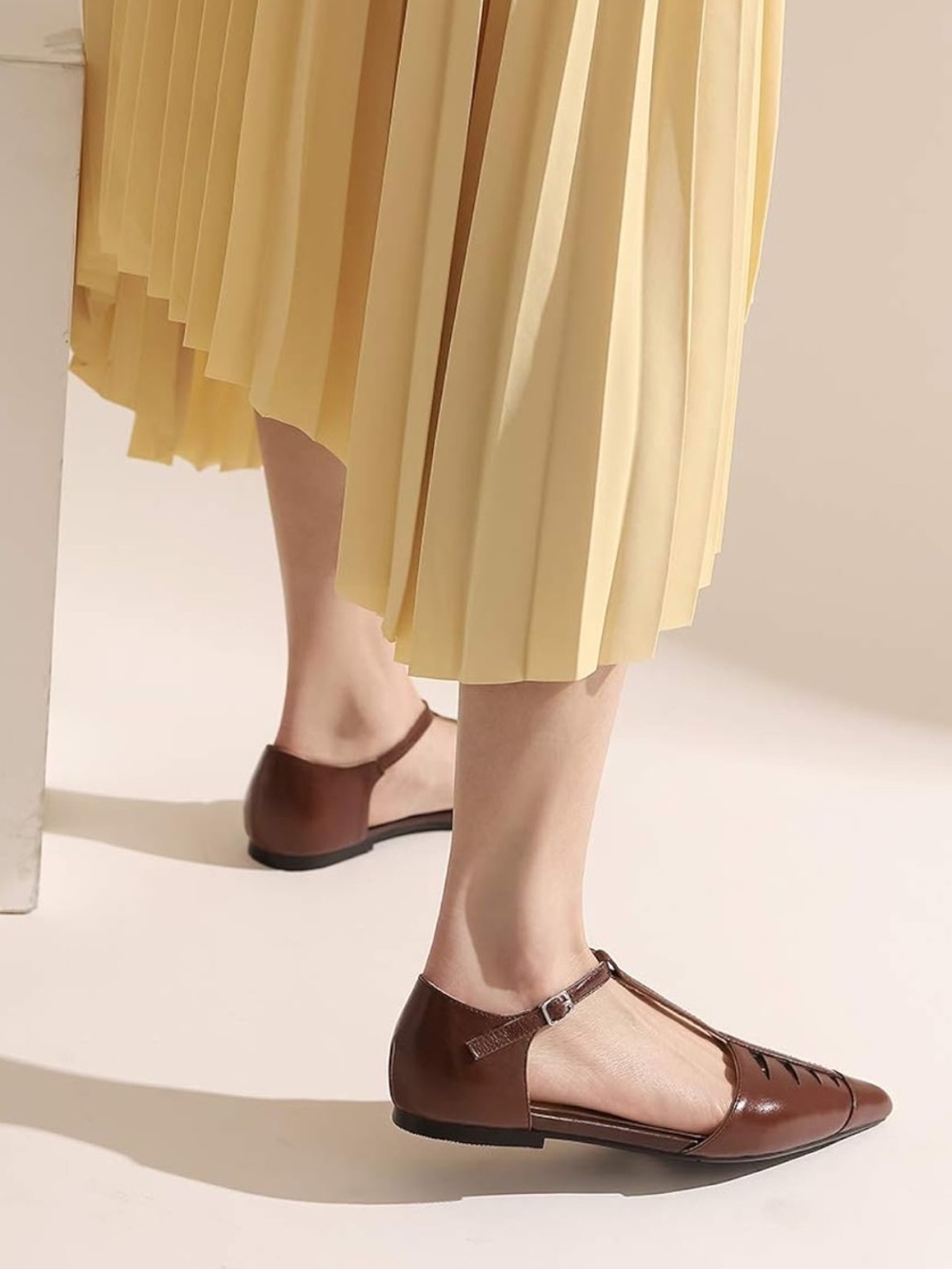 Pointed Toe T-Strap Flats Ankle Strap Genuine Leather Low Heel Pumps Closed Toe - Picture 5 of 9